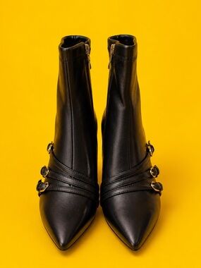 Feetquake Black Pointed Ankle Booties with Triple Buckle Straps